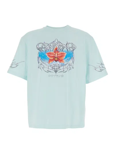 Casablanca Blades Light Blue Crewneck T-shirt With Maxi Print On The Front In Cotton Jersey Man