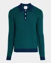 Casablanca Mini Wave Blue Polo Shirt With Logo Embroidery On The Collar And All-over Striped Motif In Wool Man In Navy / Green