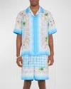 Casablanca Light Blue Bowling Shirt With All-over Graphic Print In Silk Man In Le Plongeon