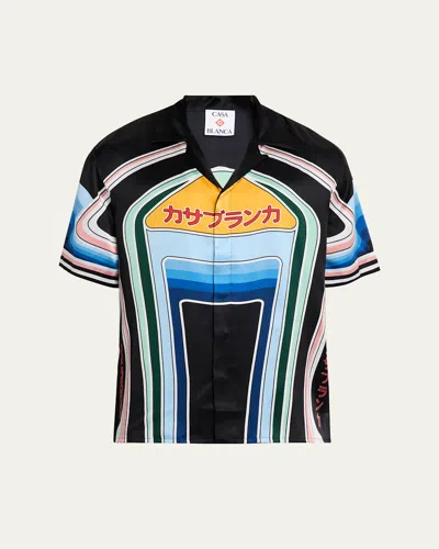 CASABLANCA MEN'S SILK GRAPHIC MULTI-STRIPE CAMP SHIRT