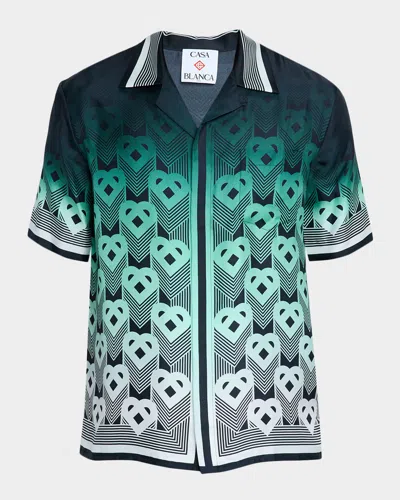 Casablanca Men's Silk Heart Monogram Short-sleeve Shirt In Green