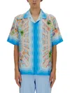 Casablanca Light Blue Bowling Shirt With All-over Graphic Print In Silk Man In Multicolour
