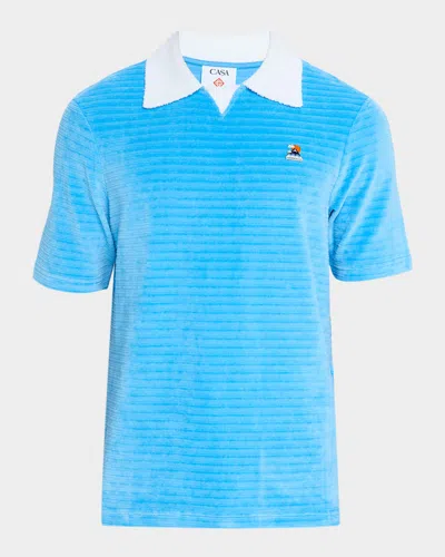 Casablanca Men's Velour Contrast-collar Polo Shirt In Blue