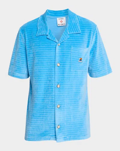 Casablanca Men's Velour Pocket Short-sleeve Shirt In Blue