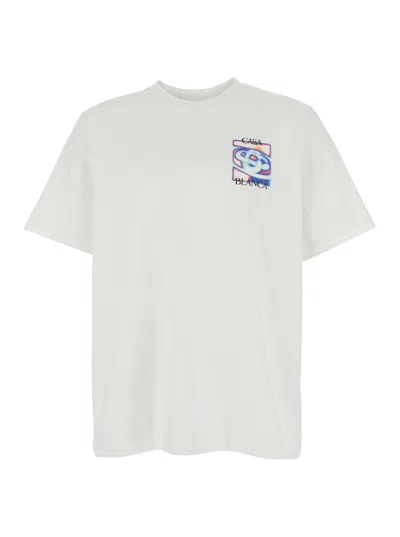 Casablanca Men White Crewneck T-shirt With Logo Detail On The Front And Maxi Logo On The Rear In Cot