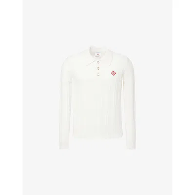 Casablanca Mens White Boucle Long Sleeve Cotton-blend Polo Shirt