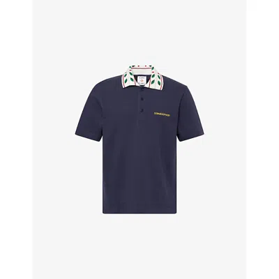Casablanca Mens Navy Laurel Pique Cotton Polo T-shirt In Blue