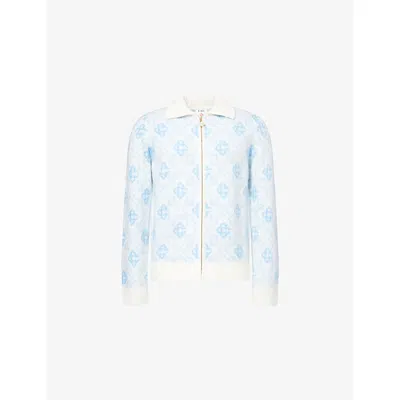 Casablanca Mens Monogram Polo-collar Knit Cardigan Xl In Blue