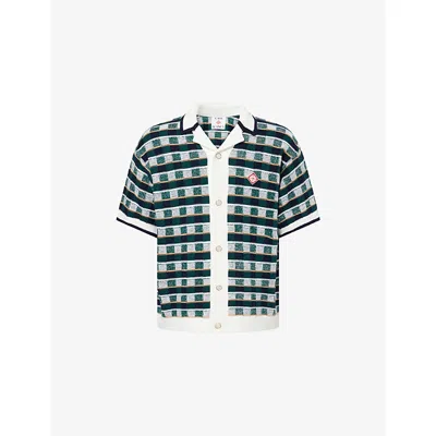 Casablanca Mens Green Mosaic Crochet Short-sleeve Cotton Shirt