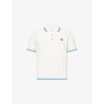 Casablanca Mens White Striped Logo-patch Cotton-blend Boucle Polo Shirt