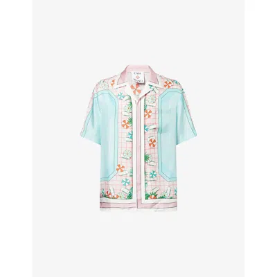 Casablanca Mens Copacabana Pink Copacabana Cuban-collar Short-sleeve Silk Shirt In Blue