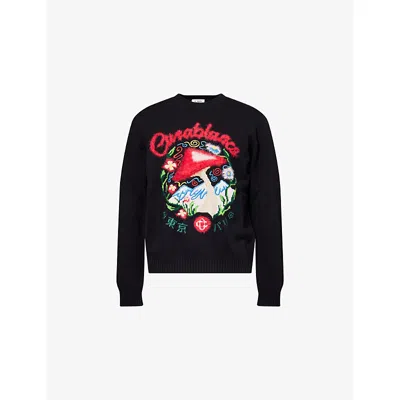 CASABLANCA MENS MUSHROOM EMBLEM MUSHROOM-INTARSIA COTTON-BLEND KNIT JUMPER