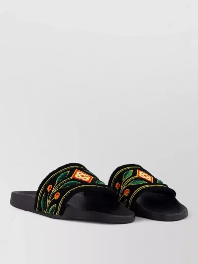 Casablanca Mens Slider Sandal Embroidered Floral Strap In Black