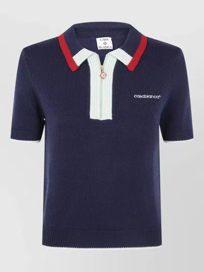 Casablanca Merino Knit Polo Shirt Short Sleeves Contrast Collar In Blue