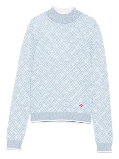 Casablanca Merino Lurex Turtleneck Sweater With All-over Monogram Print In Blue