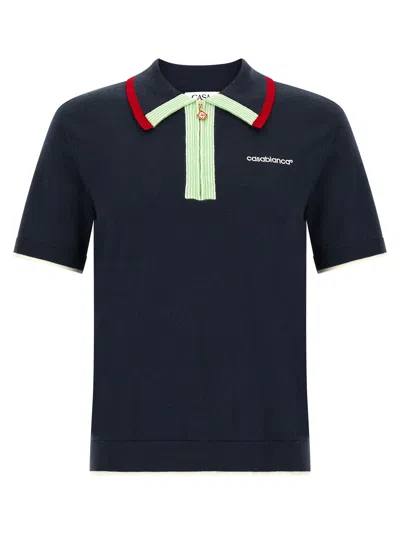 Casablanca Merino Wool Half-zip Polo In Navy
