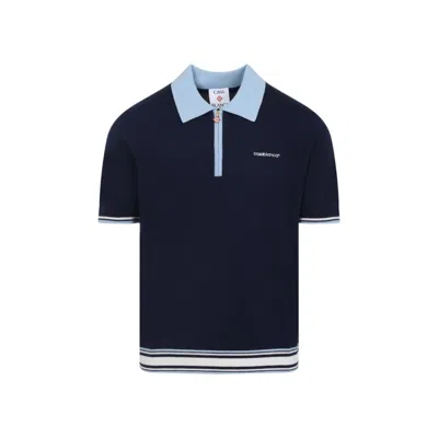 Casablanca Merino Wool Polo T-shirt With Striped Hem In Blue