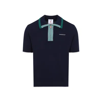 Casablanca Merino Wool T-shirt With Striped Collar In Blue