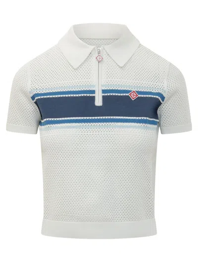 Casablanca Mesh Stripe Zip Polo Top In White