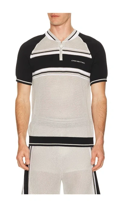 Casablanca Metallic Mesh Stripe Zip Polo In Black