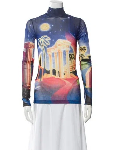 Pre-owned Casablanca Midnight Acropolis Graphic Print Top W/ Tags In Blue