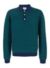 Casablanca Mini Wave Blue Polo Shirt With Logo Embroidery On The Collar And All-over Striped Motif In Wool Man In Blue