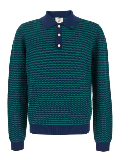 Casablanca Mini Wawe Long Sleeve Wool Polo In Blue/green