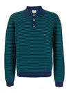Casablanca Mini Wave Blue Polo Shirt With Logo Embroidery On The Collar And All-over Striped Motif In Wool Man In Blue