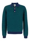 Casablanca Mini Wave Blue Polo Shirt With Logo Embroidery On The Collar And All-over Striped Motif In Wool Man In Blu