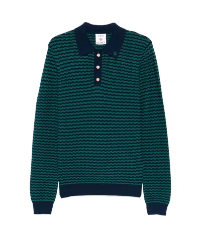 Casablanca Mini Wawe Long Sleeve Wool Polo In Blue/green