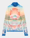 Casablanca Mock-neck Printed Mesh Long-sleeve Top In Blue