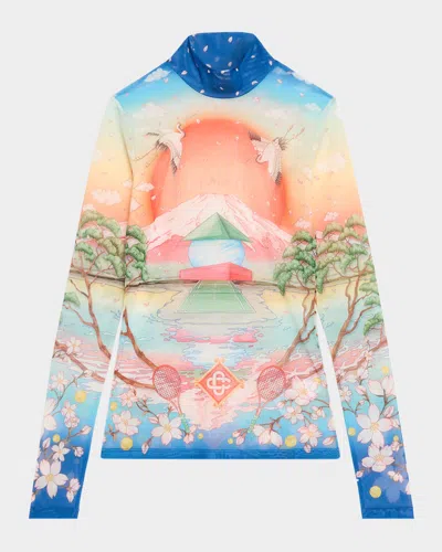 Casablanca Mock-neck Printed Mesh Long-sleeve Top