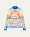 Casablanca High Neck Tulle Top With Multicolor Landscape Print In Multi