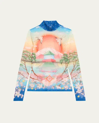 CASABLANCA MOCK-NECK PRINTED MESH LONG-SLEEVE TOP