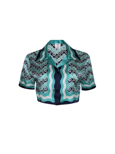 Casablanca Monogram Cropped Shirt Turquoise In Blue