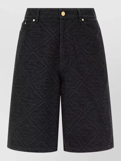 Casablanca Monogram Denim Bermuda Shorts Button Detail In Black
