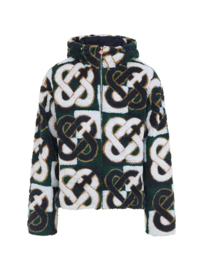 Casablanca Green And Navy Blue Check Monogram Fleece Jacket In Animal Print