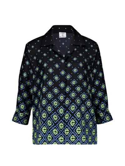 Casablanca Degrade Monogram Long Sleeve Satin Shirt In Black