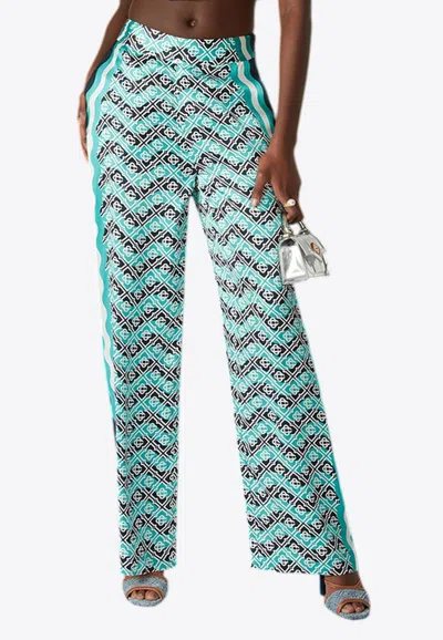 Casablanca Monogram Wave Print Silk Pants In Blue