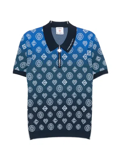 Casablanca Navy Gradient Monogram Knitted Short Sleeve Polo Shirt In Multi