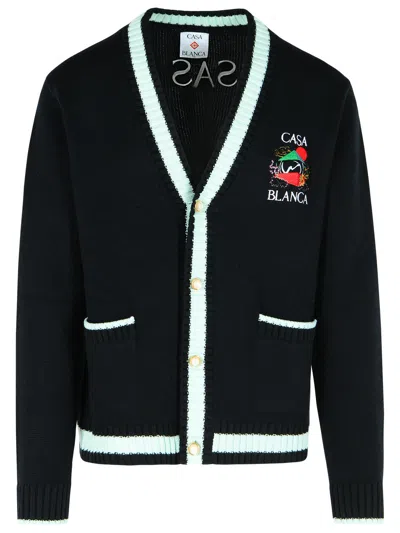 CASABLANCA CASABLANCA 'MOUNTAIN TEMPLE' BLACK MERINO WOOL EMBROIDERED CARDIGAN MEN