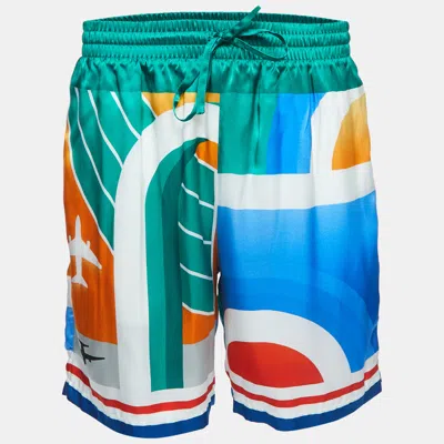Pre-owned Casablanca Multicolor Logo Print Silk Drawstring Shorts L