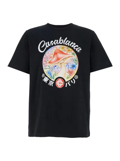 CASABLANCA BLACK CREWNECK T-SHIRT WITH LOGO ON THE FRONT IN COTTON MAN