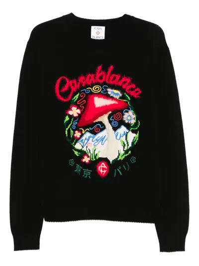 Casablanca Mushroom Embroidered Cotton Blend Sweater In Black