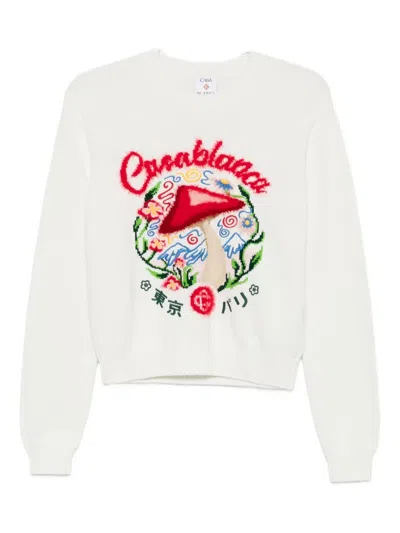 Casablanca Mushroom-embroidered Crew-neck Sweater In White