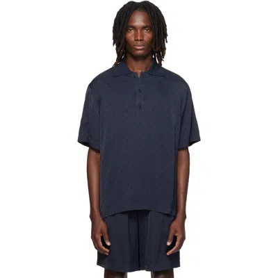 Casablanca Navy Knit Collar Short Sleeve Polo In Animal Print