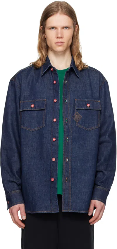 Casablanca Navy Logo Embroidery Denim Shirt In Blue