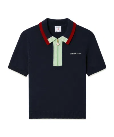 Casablanca Navy Merino Short Sleeve Polo Shirt In Blue