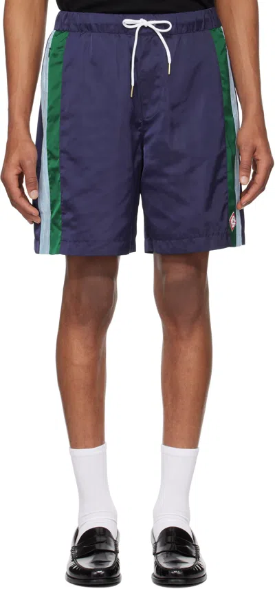 CASABLANCA NAVY PINSTRIPE LAUREL TRACK SHORTS