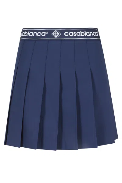 Casablanca Navy Pleated Flared Logo-band Polyester-blend Mini Skirt In Blue